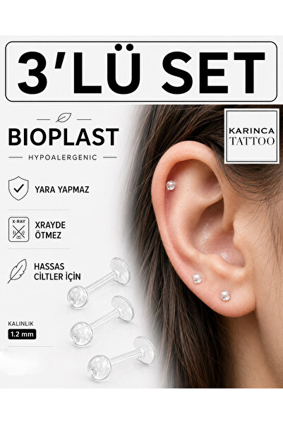 Karınca Piercing 3 Adet Bioplast Piercing Seti Tragus Kulak Helix Conch Dudak...