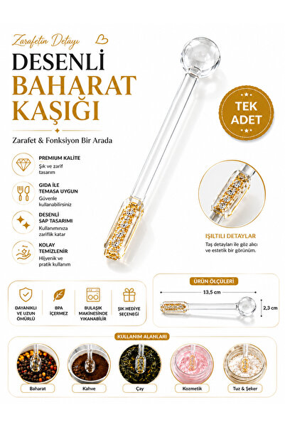 Roccos Desenli Baharat Kaşığı Kristal Taş Detaylı Şeffaf Baharat Kahve Tuz Şe...