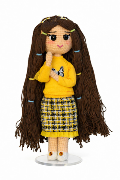 masadoll "Judy" Doll with Long Brown Hair and a Yellow Blouse Decorated with ...