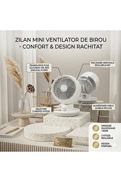 Zilan Ventilator de Birou Zilan, Putere 45W, 3 Trepte de Viteză, Oscilație Au...
