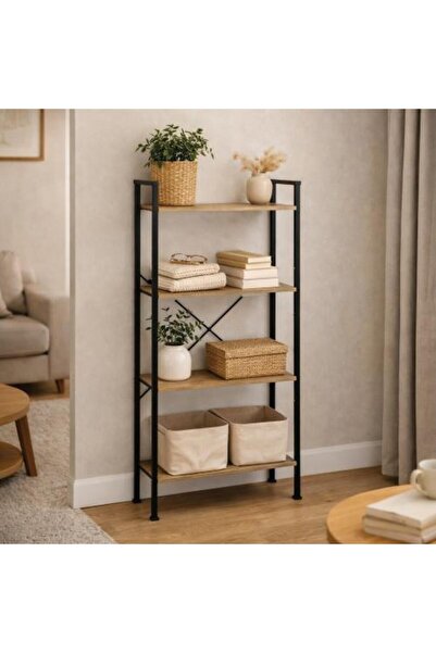 Generic Metal storage shelf with four wooden shelves in an industrial design