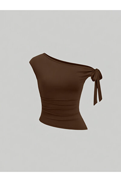 Take Two By Styli Brown One Shoulder Knot-Detail Top