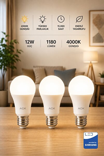 Aryes 12W E27 LED Ampul 4000 Kelvin - Gün Işığı Yüksek Parlaklık