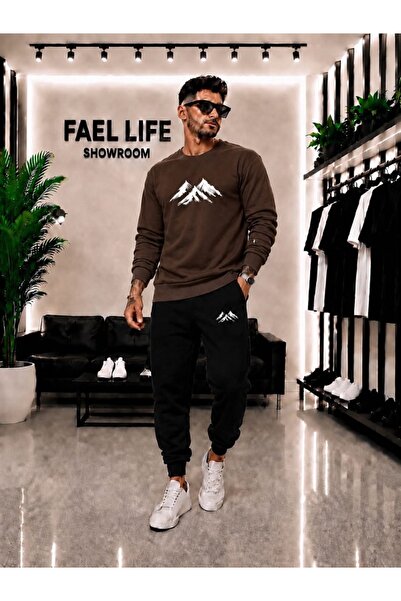 FAEL LİFE Unisex Wide Cut Zero Neckline and Sweatpants Mountain View Printed Set