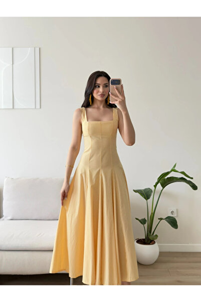 Zoom Butik Pötikareli Midi Elbise - SARI