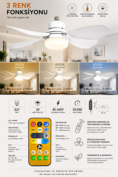 K2 GLOBAL Kendal KES473 Kumandalı Tavan Vantilatörü 3 Renk Fanlı LED E27 Duy ...