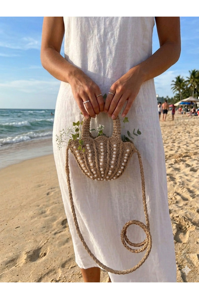 Handmade İnci Detaylı El Örgüsü Deniz Kabuğu Çanta – Bohem Hasır Omuz & Mini ...