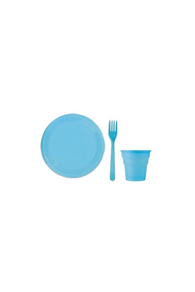 BEST PARTİ Blue Color 25-Piece Plastic Plate, Cup and Fork Set