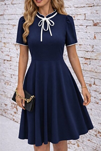 Generic Brand Women's Short Sleeve Collar Lace-Up and Ruffled Midi Janjan Cre...