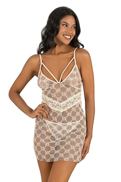 ahu lingerie Ženska bež kratka spavaćica od tila sa detaljima od čipke