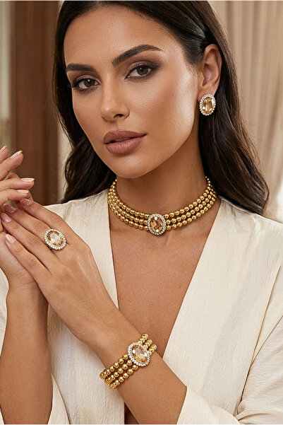 Happyline Gold boncuklu kolye oval bal taşlı kolye gümüş kaplama choker kolye...