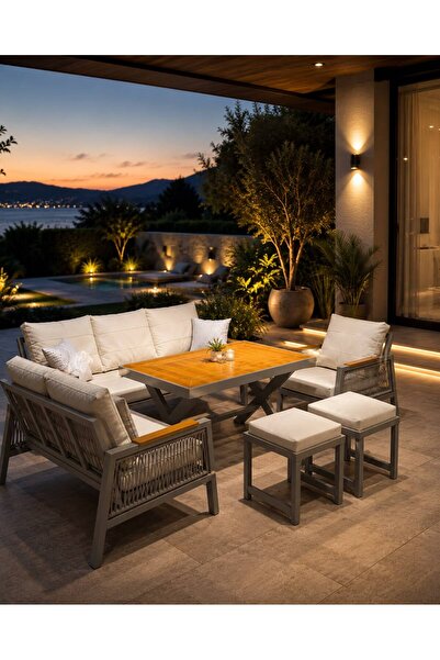 Rovena GARDEN Balkon Takımı, Cappuccino Bahçe Takımı 5+1 (Masa 70x110 3lü Kol...