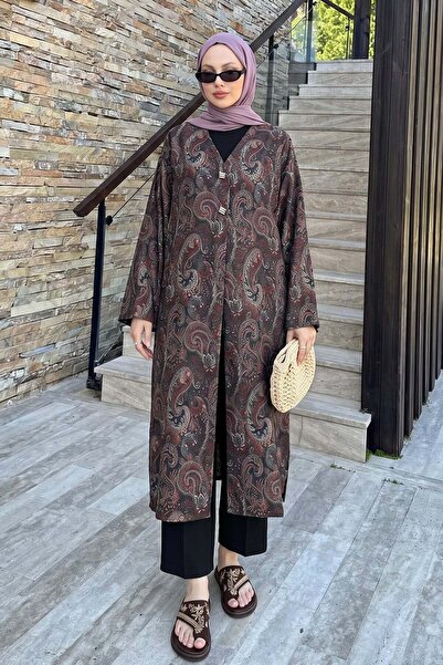 Generic Brand Shawl Pattern Buttoned Kimono Y0127 - A. Brown