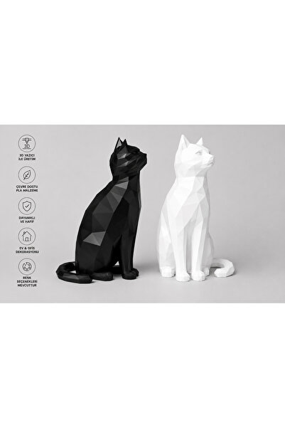 CynDesign Dekoratif Geometrik Kedi Biblo Seti Siyah Beyaz 2’li Low Poly 3D Ba...