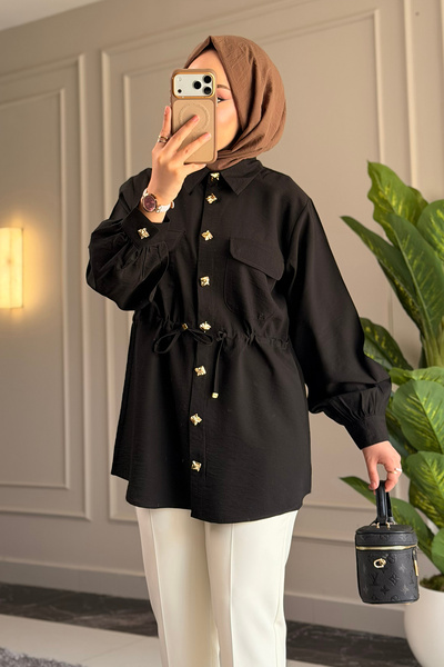 Suede Style 9102 - قميص نسائي منسوج أنيق ومريح مع أزرار وتفاصيل ربط عند الخصر