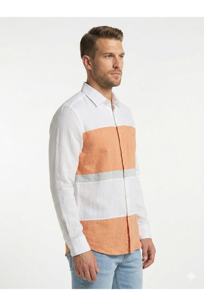 Paul Martin Canadian 100% Pure Linen Block Color Men's Shirt - Orange White Striped Premium Summer Shirt