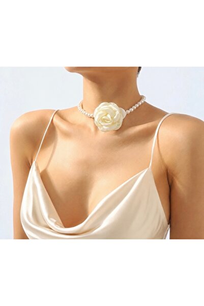 blackcomb Kadın İncili Saten Ekru Gül Choker Kolye