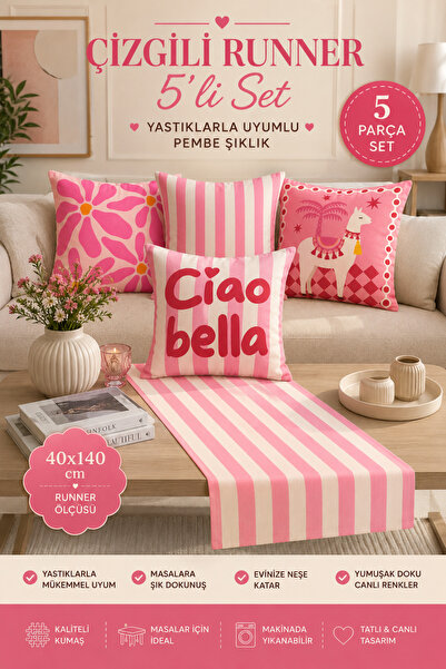 stellahomes Bohem Pembe Runner ve Dekoratif Yastık Kılıfı Seti 5 Parça