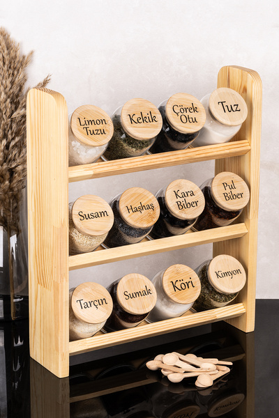 Dolkin Home 3-Tier Luxury 12-Piece Spice Rack Set with Wooden Stand and Spoon...