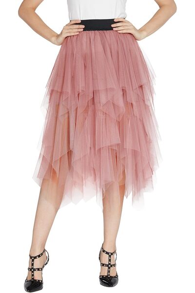 OEM Fustă Damscă Tulle Asimetrică Tutu Princess Roz Midi Roz L