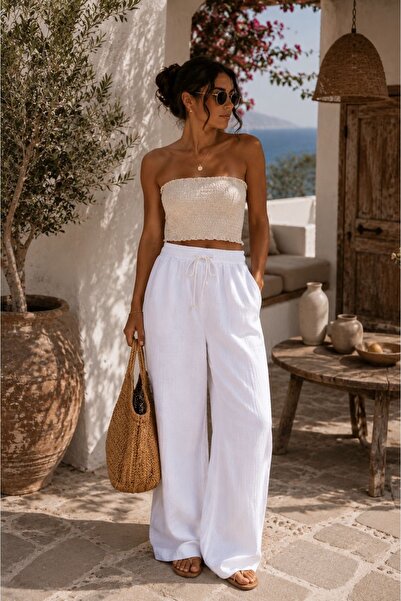 La cannee White Muslin Palazzo Trousers