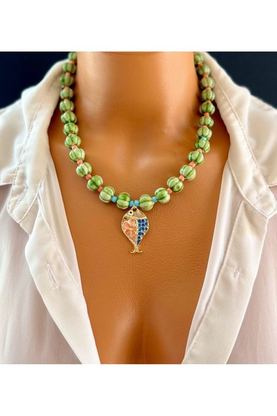 Limi Design Mint Green Ceramic Bead Handmade Necklace,Design Necklace,Luck Necklace,Fish Necklace,Trend Accessory