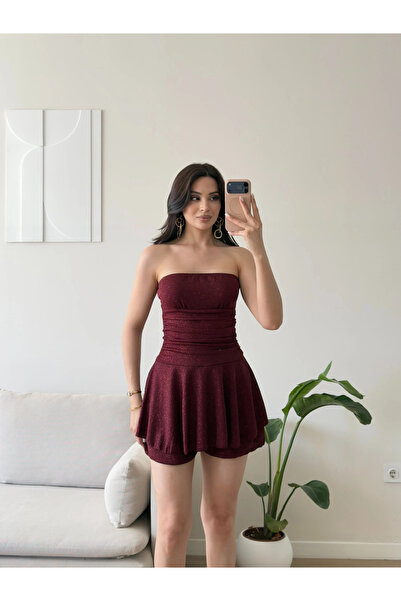 Zoom Butik Simli Straplez Şortlu Elbise - BORDO