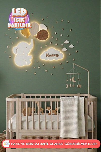 UmayBabyDekor 3Lü set Fil Balon Kişiye Özel Bulut Çocuk Duvar Dekorasyonu Led...