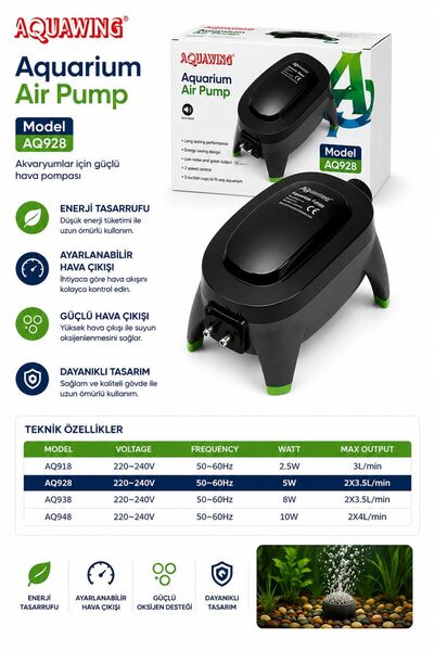 Aquawing AQ928 Çift Çıkışlı Akvaryum Hava Motoru Ayarlanabilir Hava Debili 5W A+