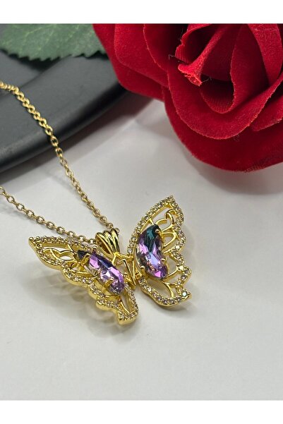 rycollections قلادة من الفولاذ بحجر الزركون وشكل الفراشة
