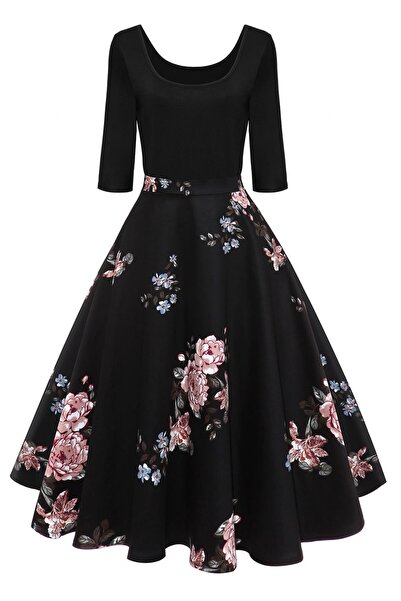 OEM Rochie în linie A pentru femei, stil Rockabilly anii '60, cu fustă floral...