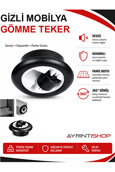 AYRINTISHOP Gömme Mobilya Tekeri Gizli Montajlı Dolap Çekmece Sehpa Masa Teke...