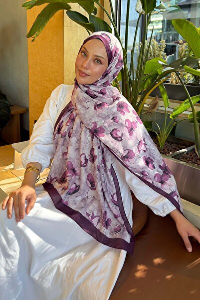 lamelif Floral Pattern Lara Soft Shawl Plum