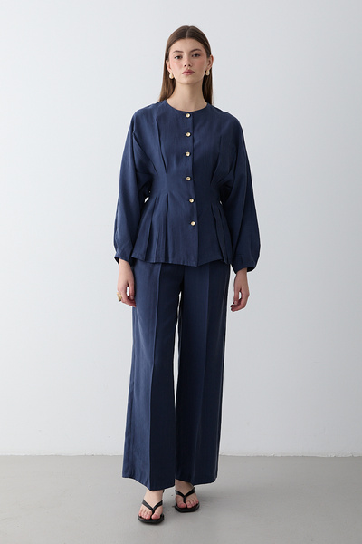 JASTE Women's Belted Button Detailed Blouse & High Waist Palazzo Trousers Set
