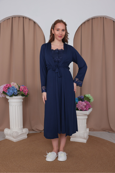 BLACKMORE Women's Navy Blue Cotton Lace Detailed Buttoned Maternity Nightgown...