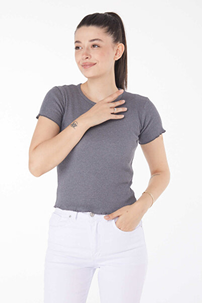 TOFİSA Straight Crew Neck Women's Smoked Short Sleeve Blouse - 24437