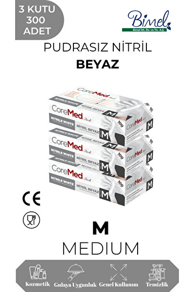 COREMED Nitril Beyaz Muayene Eldiveni M - 3 Paket 100 lü
