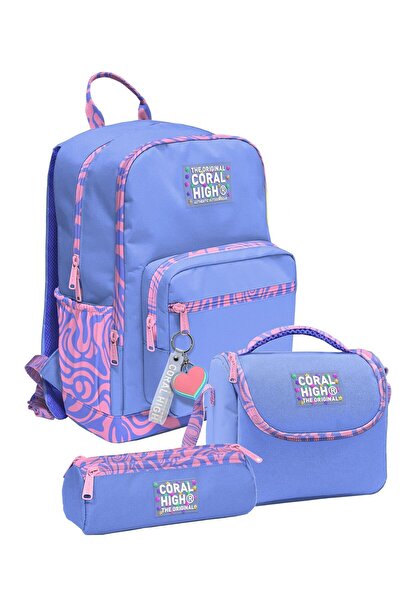 Coral High Purple Wave Patterned Girls' Primary and Secondary School Three-Pi...