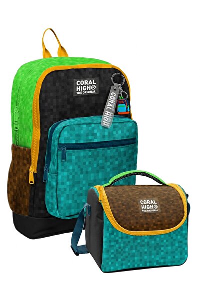 Coral High مجموعة حقيبة ظهر وحقيبة غداء للأولاد بتصميم كرافت باللون الأسود وا...