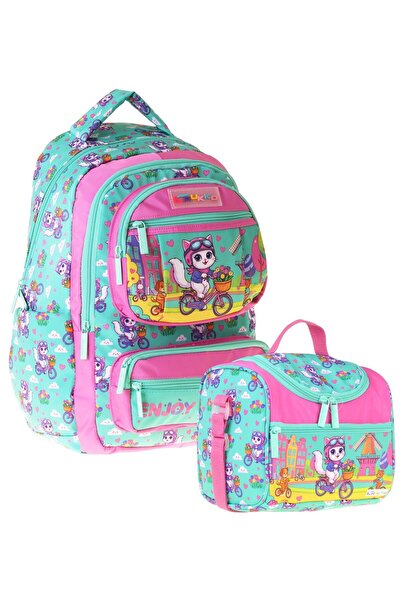 KAUKKO Kids Cat Bike Girls' Green - Pink Elementary School Backpack and Lunch...