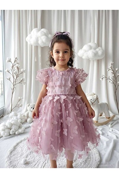 penu baby kids Dusty Rose 3D Butterfly Figured Balloon Short Sleeve Girls' Ba...