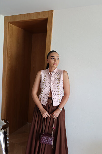 Özge Özgenç Gold Buttoned Polka Dot Vest