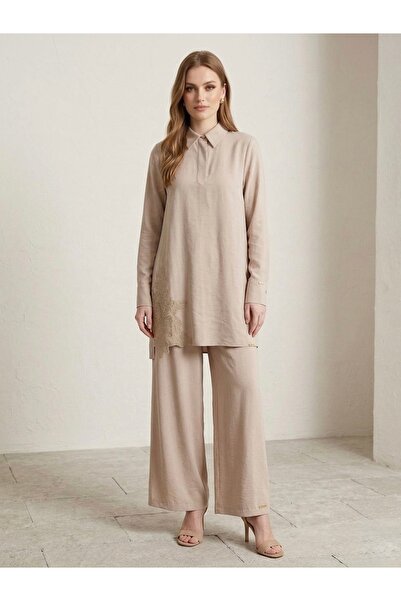 Meşe Moda Nakış Detaylı Oversize Tunik Pantolon Takım