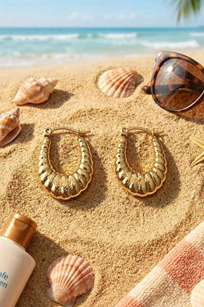 Jaida Moda Kadın 14K Gold Renk Tasarım Çelik Halka Küpe Kararmaz Antialerjik