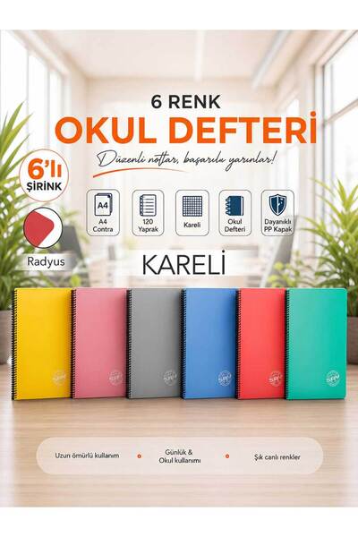 SRY Contra PP Kapak Spiralli 120 Yaprak A4 Kareli 6 Adet Defter