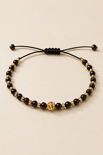 OEM Brățară Unisex Ajustabilă cu Mărgele Negre și Bile Placate cu Aur de 14K,...