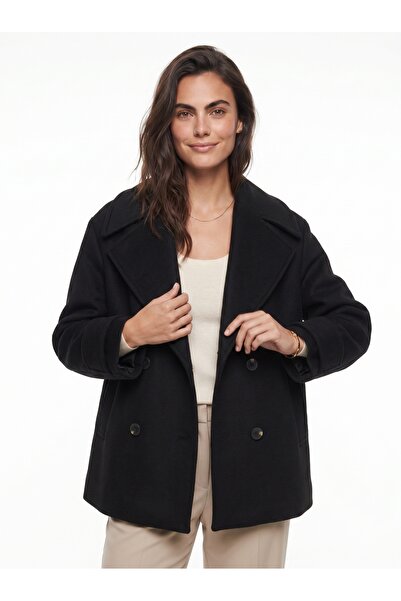 ONLOOX Black Cotton Double-Breasted Collar Oversize Lined Short Pocketed Cash...