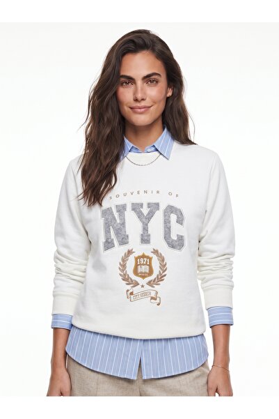 ONLOOX White Cotton Crew Neck Long Sleeve Sweatshirt with Three-Yarn Thread E...