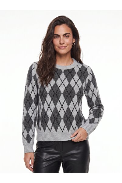 ONLOOX Gray Anthracite Acrylic Blended Crew Neck Standard Fit Diamond Pattern...