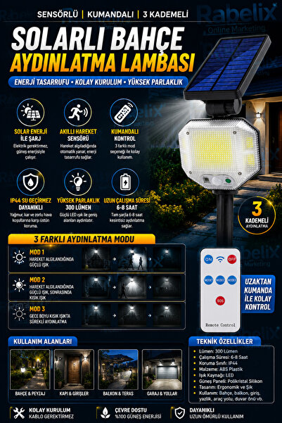 Rabelix Online Marketing Sensörlü Kumandalı Solarlı Bahçe Lambası 3 Kademeli ...
